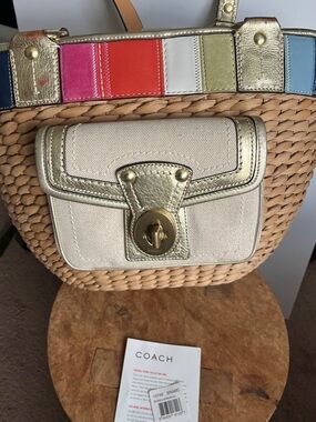 Coach legacy vintage straw Multicolor Trim Woven Straw Tote with Gold Accents